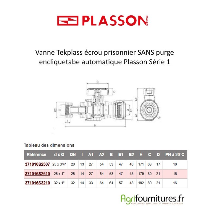 Vanne Tekplass écrou prisonnier SANS purge encliquetable automatique Plasson Série 1