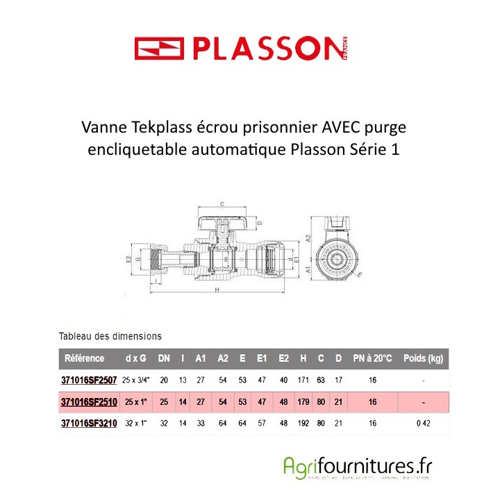 Vanne Tekplass écrou prisonnier AVEC purge encliquetable automatique Plasson Série 1