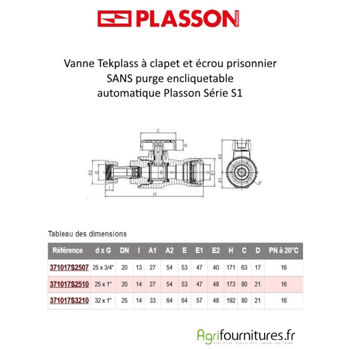 Vanne Tekplass à clapet et écrou prisonnier SANS purge encliquetable automatique Plasson Série 1