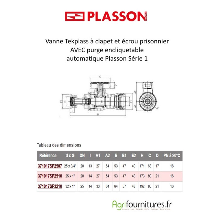 Vanne Tekplass à clapet et écrou prisonnier AVEC purge encliquetable automatique Plasson Série 1