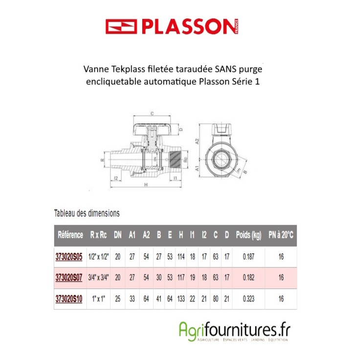 Vanne Tekplass filetée taraudée SANS purge encliquetable automatique Plasson Série 1