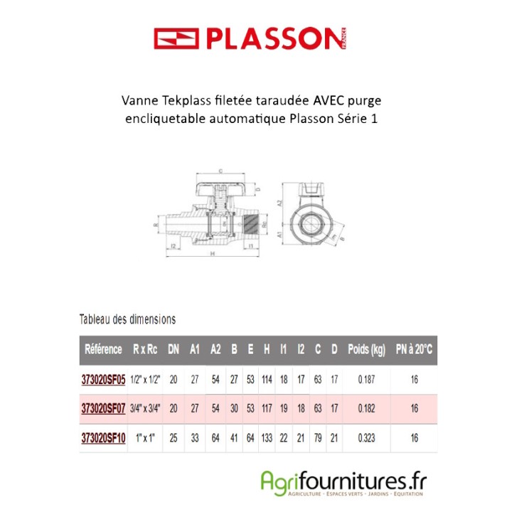 Vanne Tekplass filetée taraudée AVEC purge encliquetable automatique Plasson Série 1