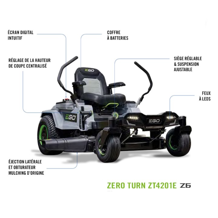 Tondeuse électrique sans fil autoportée ZERO TURN EGO ZT4201E - Largeur de coupe 107 cm + batterie 56V + chargeur 1600 W