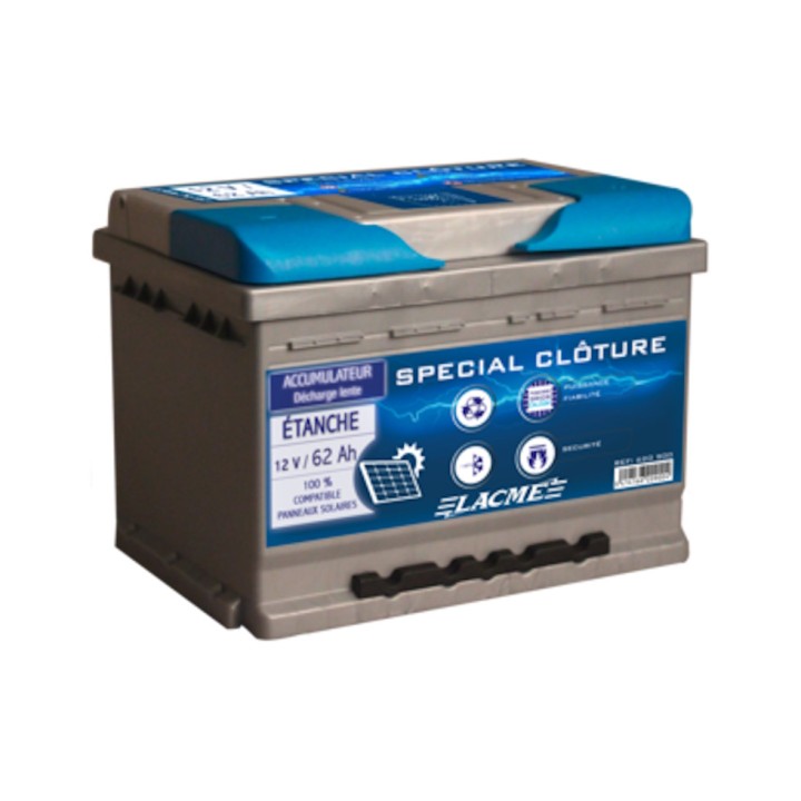 Accu batterie 12V/62Ah, pour l'alimentation des clôtures électriques Lacmé