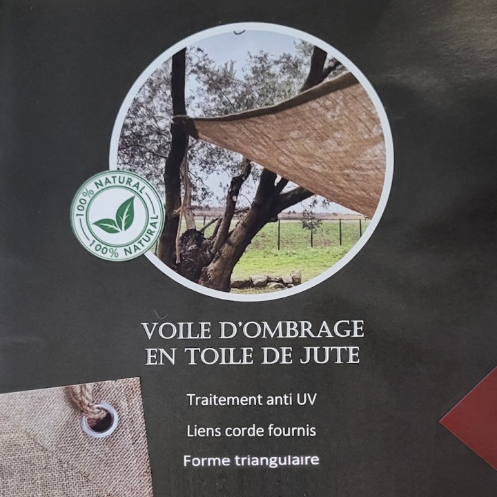 Toile d'ombrage naturelle en jute triangulaire 3 x 3 x 3 m avec fixation