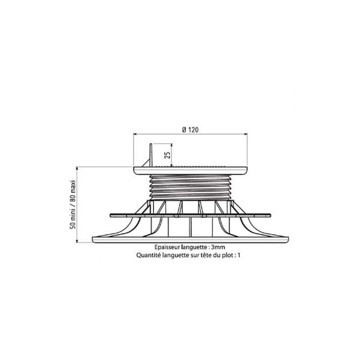 Plot Terrasse Bois ou Composite Réglable Hauteur 50-80 mm Gamme Essentiel Jouplast, paquet de 11 unités