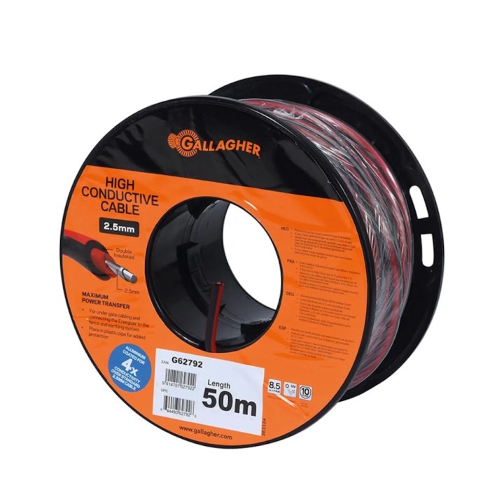 Câble de terre 2,5 mm doublement isolé XL rouge, rouleau de 50 m Gallagher