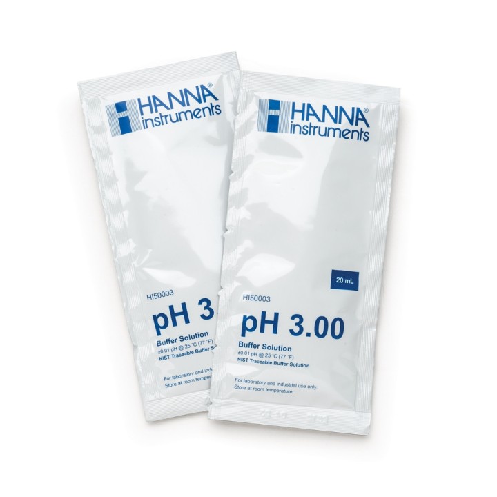 Solution tampon Hanna Instruments, pH 3,00, certificat d'analyse, 25 sachets