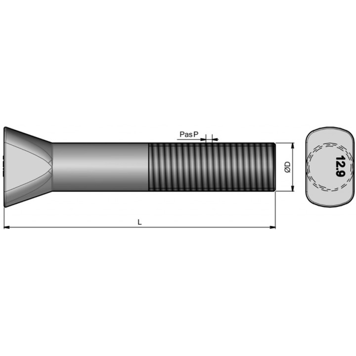 1 boulon (vis + écrou) Ø 16 mm, longueur 115 mm, tête conique 2 méplats - Pas 200