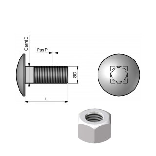 50 boulons (vis + écrou) tête ronde collet carré 12 x 40 mm - Pas 175