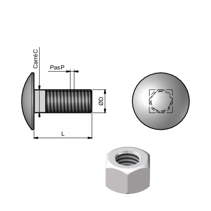 50 boulons (vis + écrou) tête ronde collet carré 12 x 40 mm - Pas 175