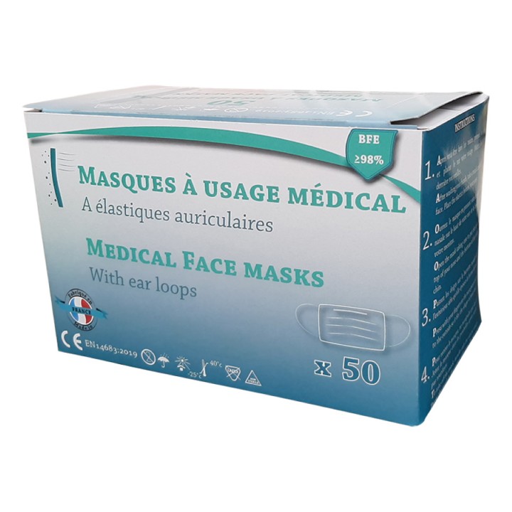 Masque chirurgical bleu EN 14683:2019 Type II CE, boite 50 unités